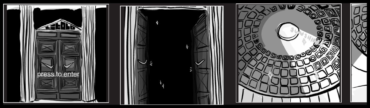 Vier Panels aus dem Storyboard: Holztür mit „press to enter“, offene Tür ins Dunkel, Kuppel mit Lichtstrahl, Basketballkorb