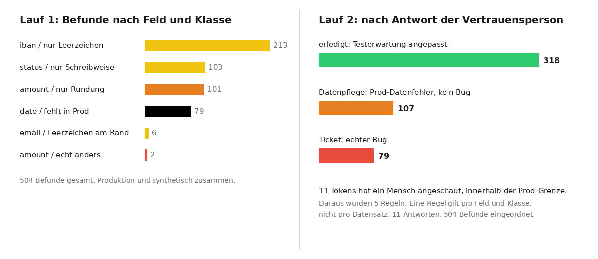 Zwei Balkendiagramme: links Lauf 1 mit Befunden pro Feld und Klasse, rechts Lauf 2 mit 318 erledigt, 107 Datenpflege, 79 Ticket