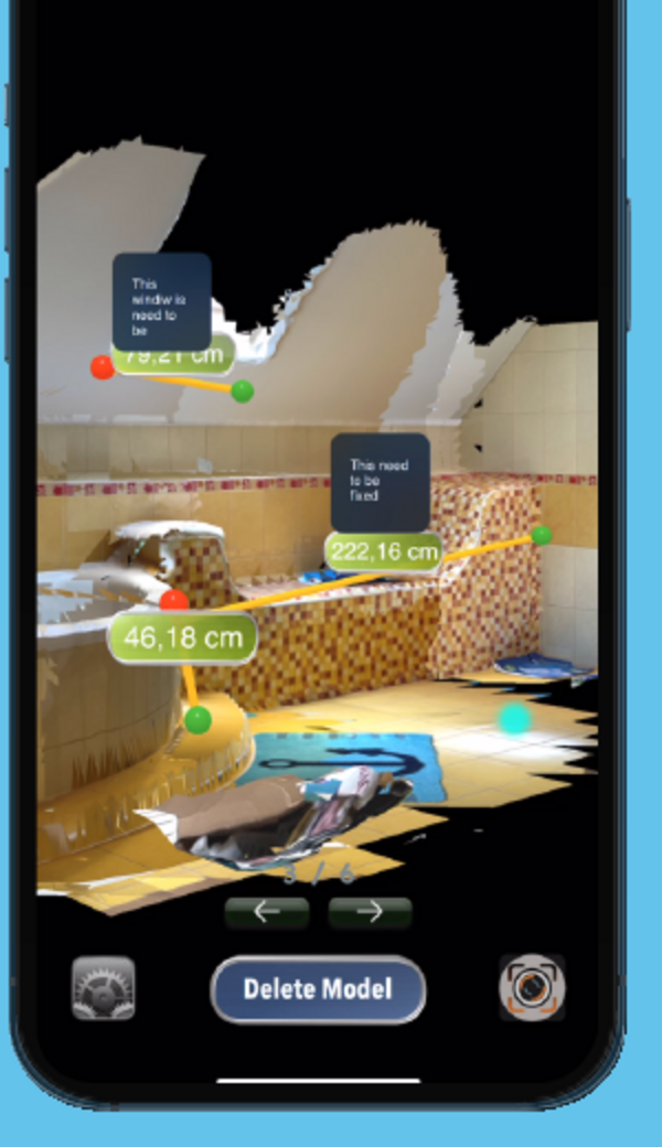 Screenshot der App Scan Your World: gescanntes Badezimmer als 3D-Modell mit Notizen und Massen, 46,18 cm, 222,16 cm